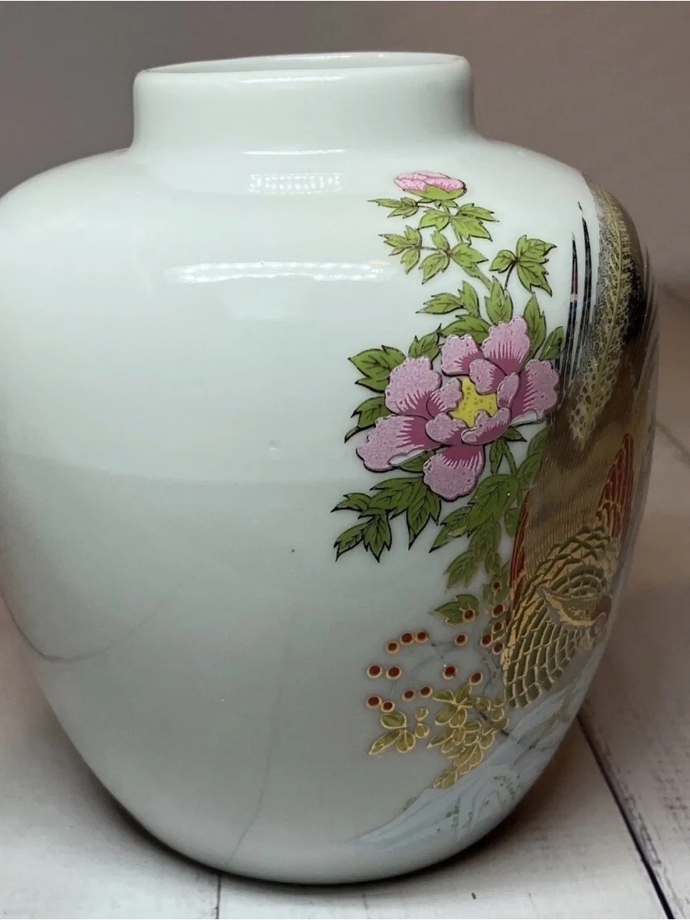 Japanese Satsuma Gold Floral Pheasant Porcelain Jar Vase Made In Taiwan Vtg 5” - Picture 3 of 6